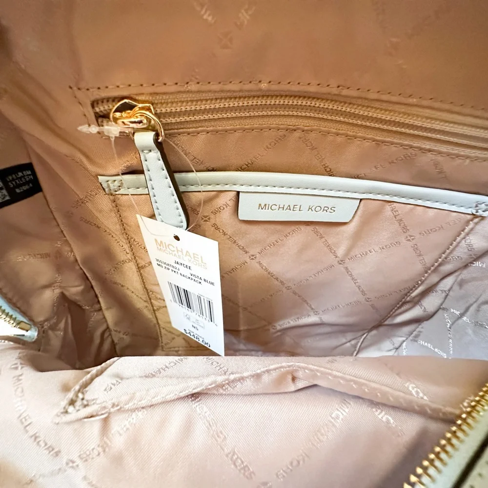 Michael Kors JAYCEE Medium Zip Pocket Backpack Graphic Logo MK Beige Blue